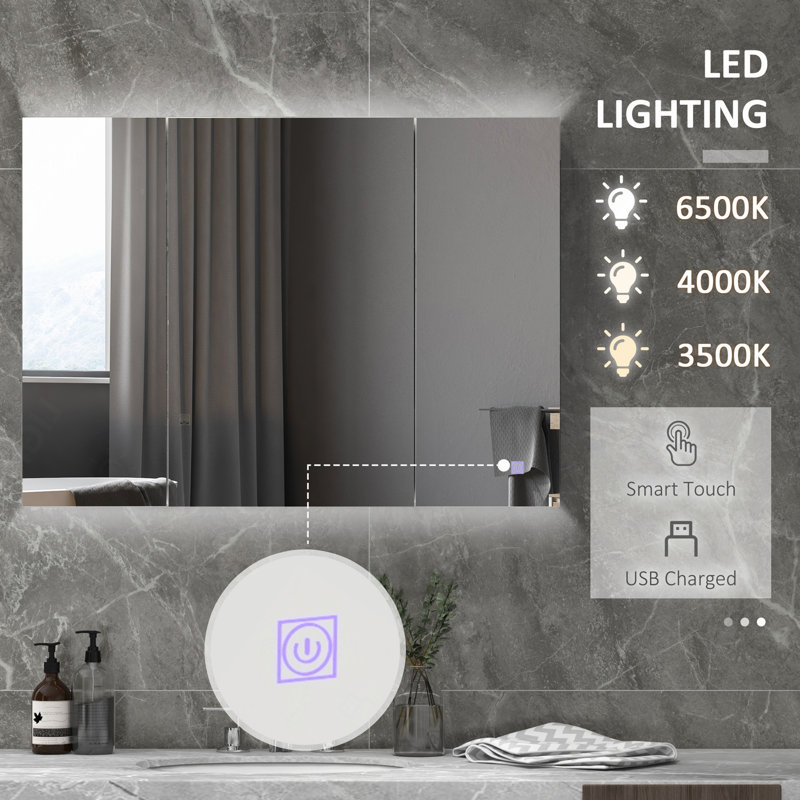 Armoire à pharmacie lumineuse avec miroir, miroir de salle de bain mural 26 po x 36 po avec rangement, armoire murale de salle de bain 3 couleurs avec charge USB, tablette réglable