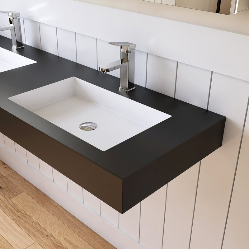 Lavabo double mural Chloe MEDUNJESS 59 po en surface solide noire, double vasque rectangulaire, Noir, Robinets à monotrou