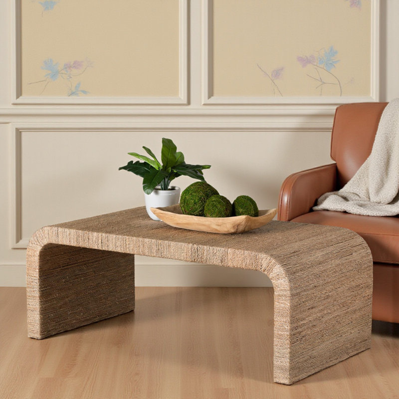 Famoni Japandi Style Waterfall Silhouette Seagrass Coffee Table, 17.19" H X 45.51" W X 23.47" D