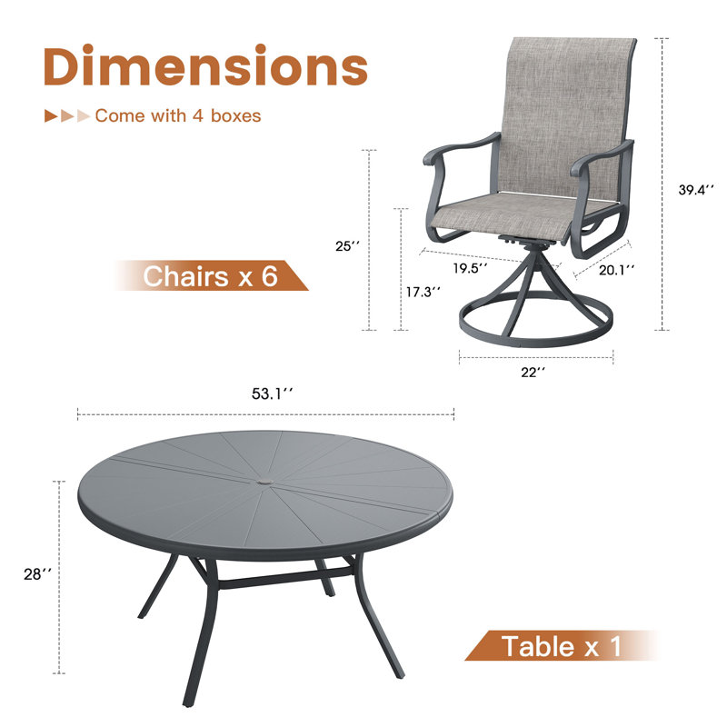 Aluminum Patio Dining Set with 53" Aluminum Round Dining Table and 6 PVC-coated polyester Swivel Dining Chairs, Gray/Gray