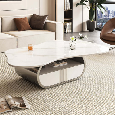 Modern Butterfly Coffee Table with Sintered Stone Top – Oval Center Table with Storage Shelf  Drawer, Stainless Steel Base  MDF Cabinet