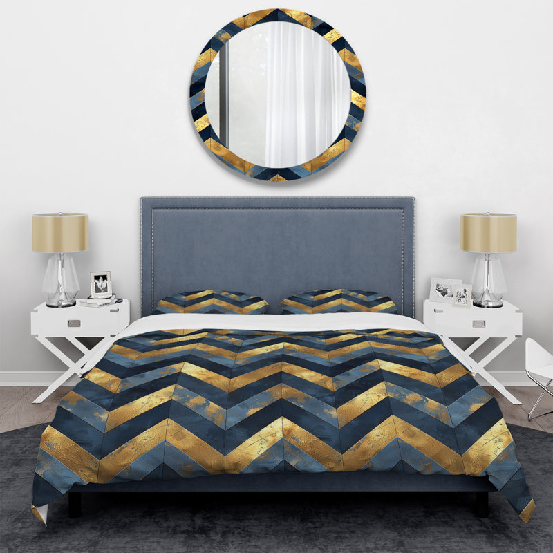 Ensemble de housse de couette Blue Gold Chevron Harmony III - Glam, Housse de couette pour grand lit + 2 taies décora
