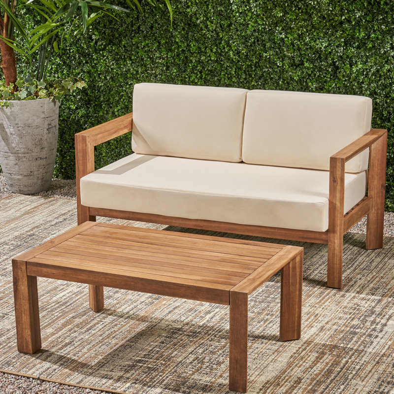 Table d'extérieur en bois et table basse avec coussins, brun beige et table