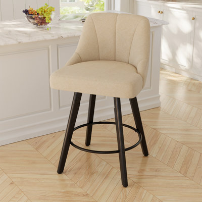  Tabourets de bar pivotants, tabourets de bar à hauteur de comptoir avec dossier, tabourets d'îles de cuisine rembourrés en tissu de lin, pivotant à 360 °, pieds en bois d'hévéa, siège à coussin épais, pour la salle à manger beige
