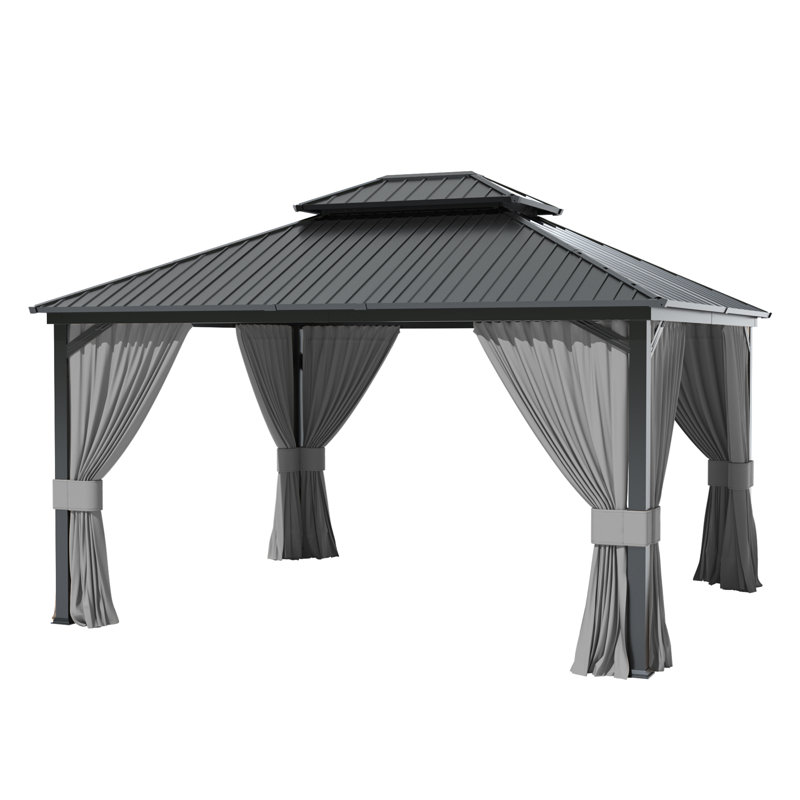 12' X 14' Outdoor Hardtop Gazebo With Galvanized Steel Roof, Gray Curtains And Mosquito Netting