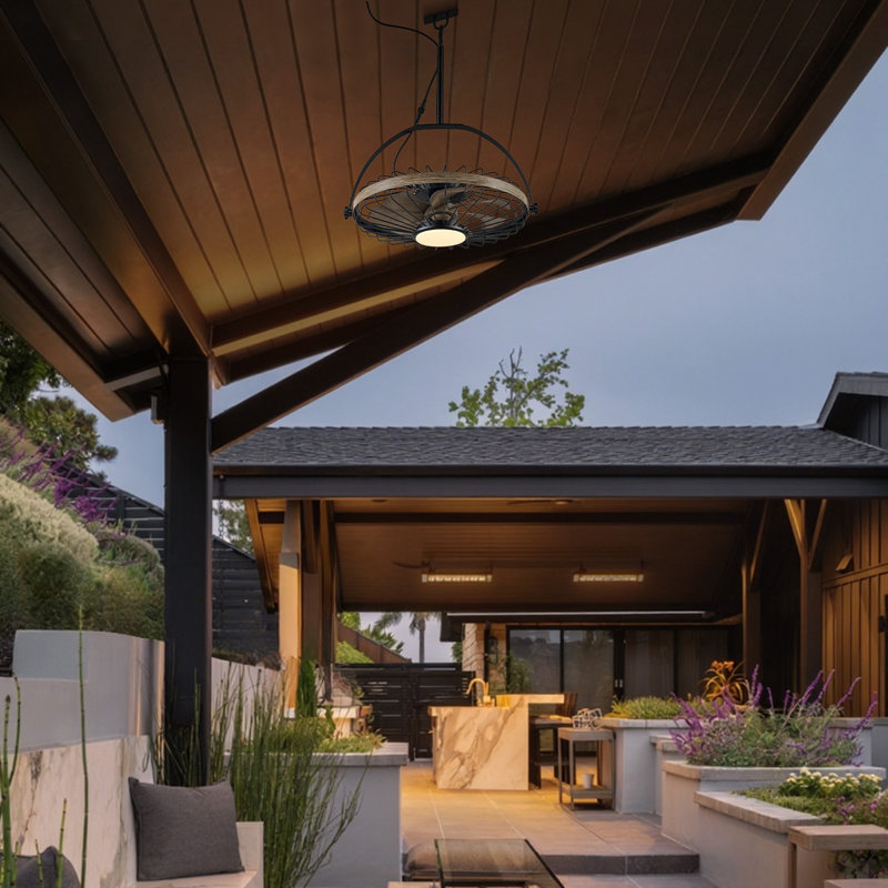 20" Outdoor Waterproof Fandelier Ceiling Fan with Dimmable LED Light and Remote, Brown Wood