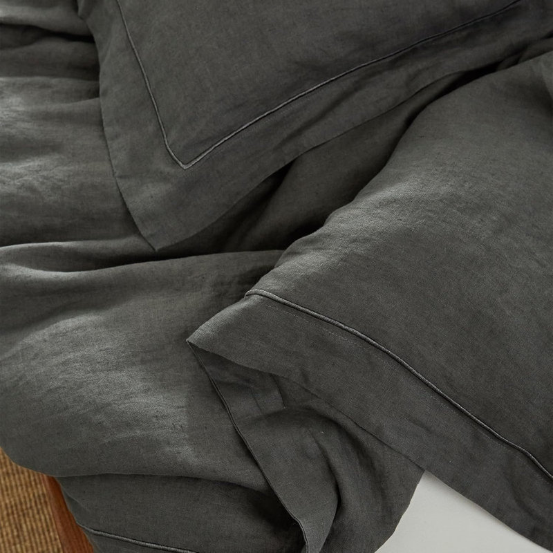 100% French Linen Pillowcase Set Of 2, Pure Flax Pillow Covers With Embroidered, King Pillowcase, Dark Gray