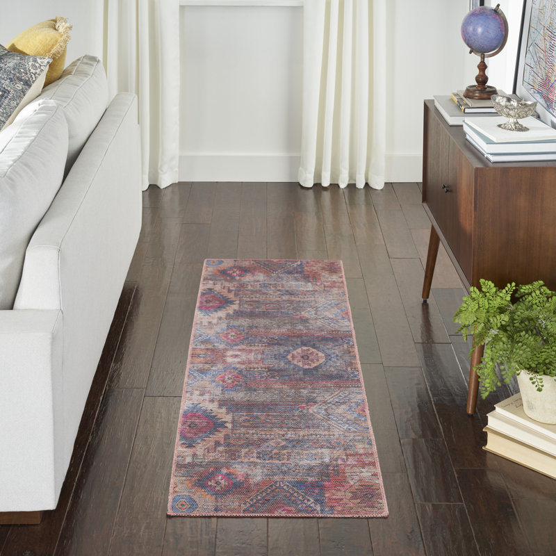 Machine Washable Southwestern Blue/Red Area Rug, Runner 2'2" x 12'