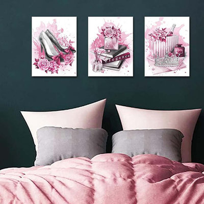 40*30,Pink Splash Fashion Poster Glam High Heel Shoes Perfume Books Pearl Crown Canvas Prints Wall Art For Bedroom.