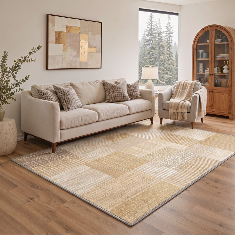 Tapis beige / doré à motif géométrique lavable à la machine avec envers antidérapant, Rectangulaire 8 pi x 10 pi