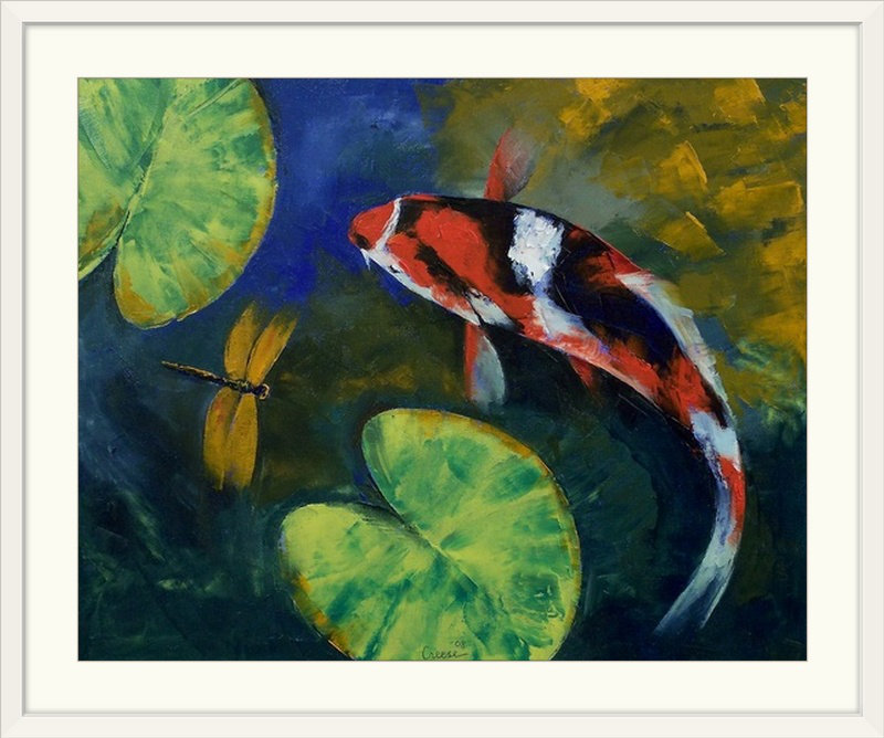 «Wireman Showa Koi and Dragonfly» par Michael Creese - reproduction, H 24 po x l 28 po x P 1 po, Cadre blanc