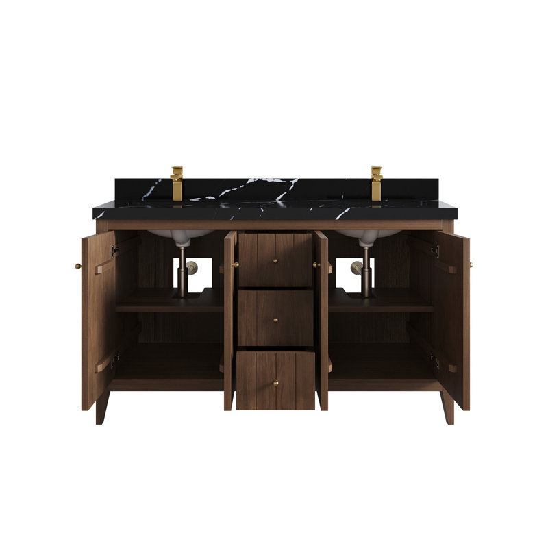 Meuble-lavabo double 60 po avec plateau Atlanta, Noir Calacatta