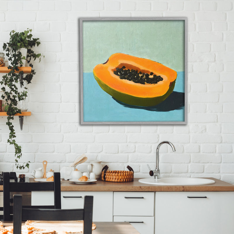 «Blue Papaya Still Life», giclée encadrée, design par Walker Noble, H 24 po x l 24 po, Estampe numérique Farmhouse