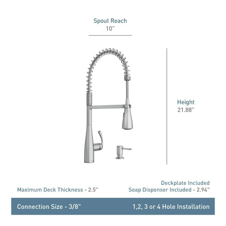 Moen Essie Pre-Rinse Spring Pull Down Single Handle Kitchen Faucet with Power Clean Technology and Soap Dispenser