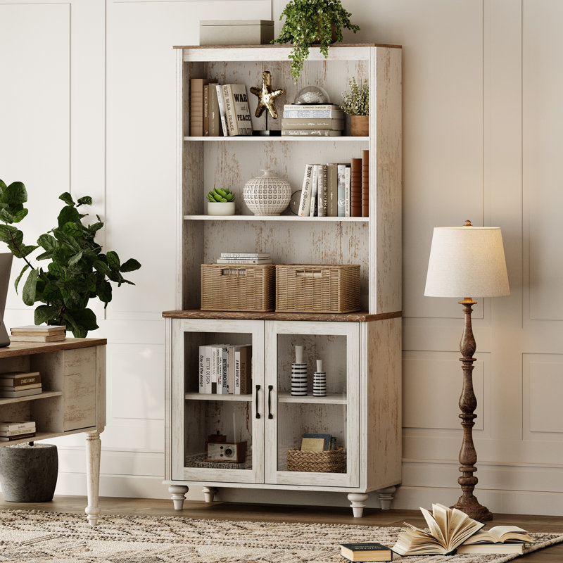 Armoire de garde-manger avec huche à bar, buffet avec portes en verre et étagère à 5 niveaux, blanc rustique