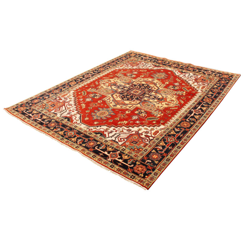 Tapis décoratif en laine de conception unique noué à la main New Age 8 pi 11 po x 12 pi 2 po Dennetta en rouge/bleu marine/Ivoire