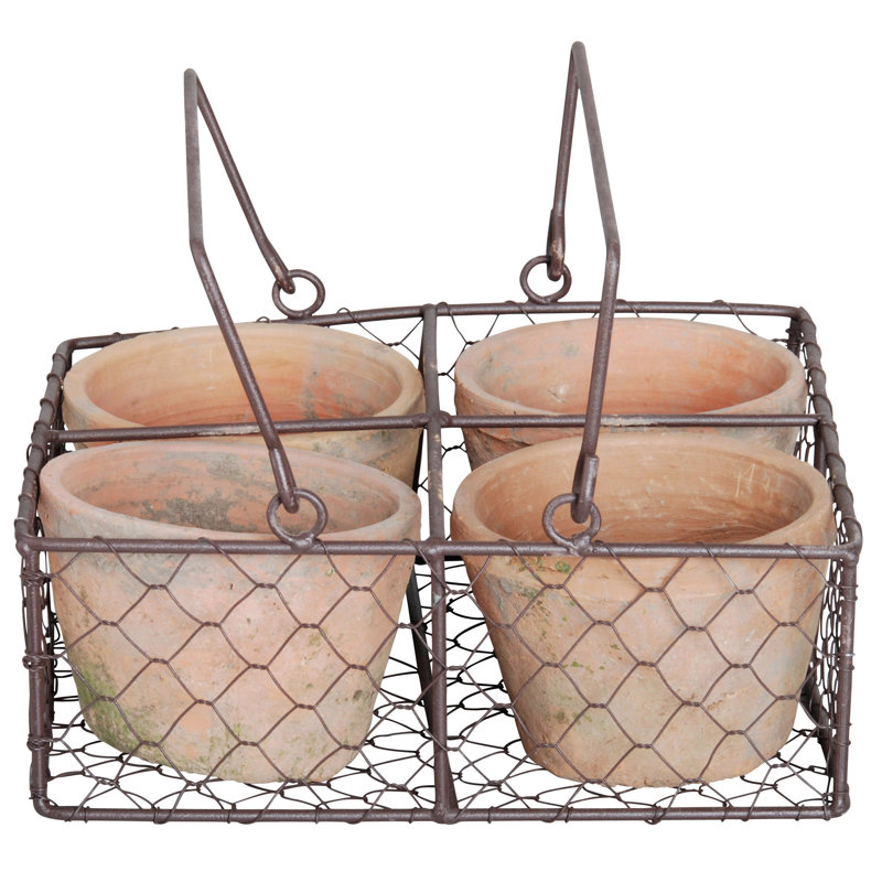 4 Aged Terracotta Pots in Wire Basket