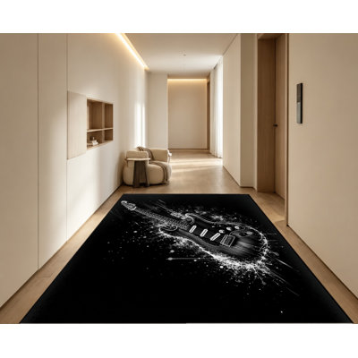 Electric Guitar Rock Style Machine Washable Area Rug with Non‑Slip Backing, Black White Splash Ink Pattern Floor Carpet, Cozy Indoor Home Decor for Living Room, Bedroom, Game, Music Studio, Apartment