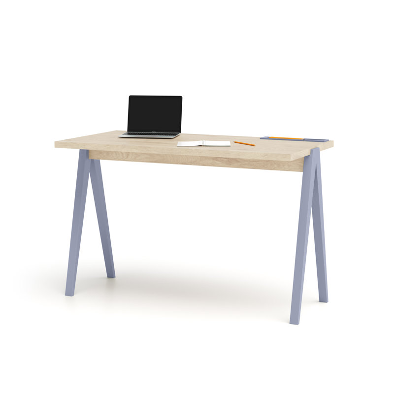 Dikili Solid Wood Base Writing Desk, Light Oak/Blue