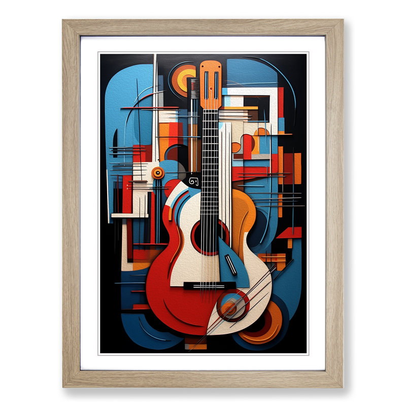 Guitar Constructivism No.2 - Single Picture Frame Print on Wood, Oak Framed, 46cm H x 34cm W