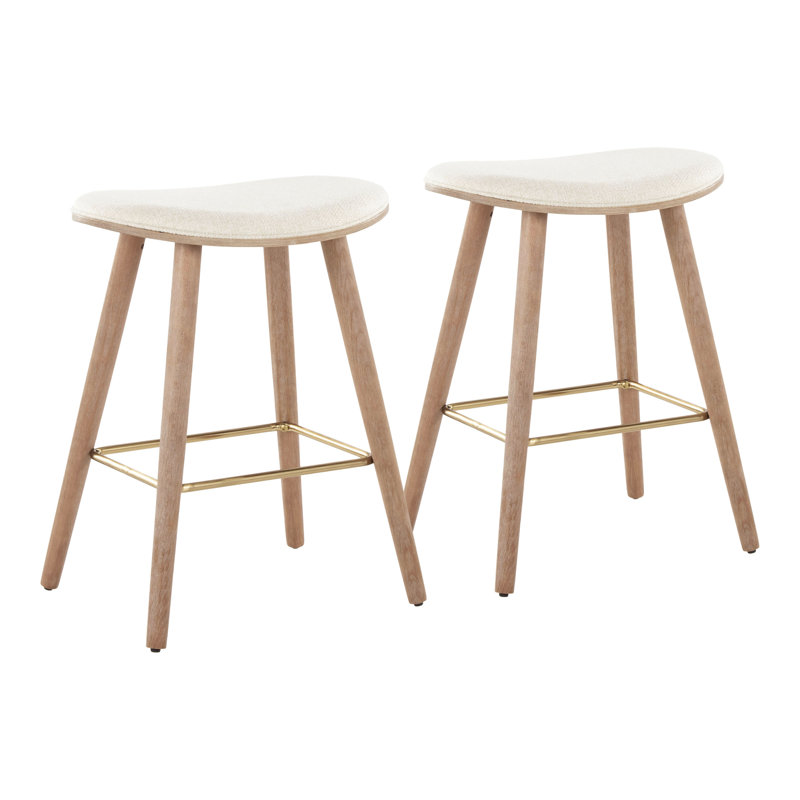 Contemporary White Washed Wood & Cream Saddle Counter Stool, Set of 2