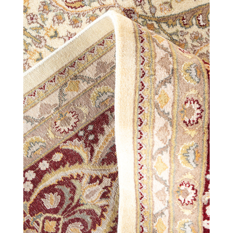 Tapis ivoire en laine noué à la main de conception unique 9 pi 2 po x 12 pi 7 po Hayner