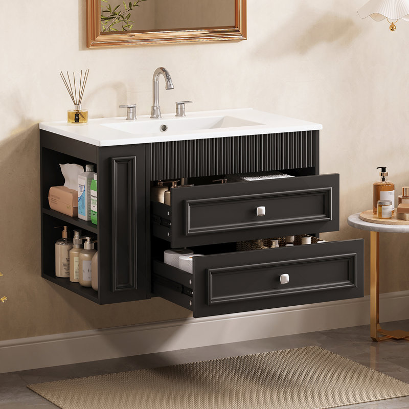 Meuble-lavabo mural avec design flottant, 2 tiroirs, lavabo simple en céramique, offrant beaucoup de rangement et un style moderne pour votre salle de bain