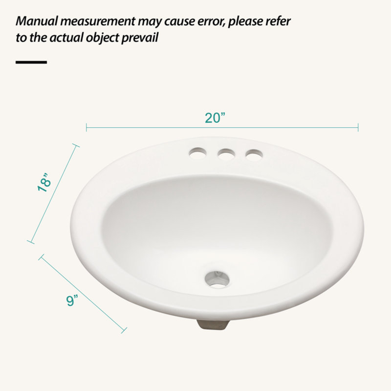 Lavabo de salle de bain ovale encastré en céramique blanc 20 po x 18 po avec 3 trous de robinet