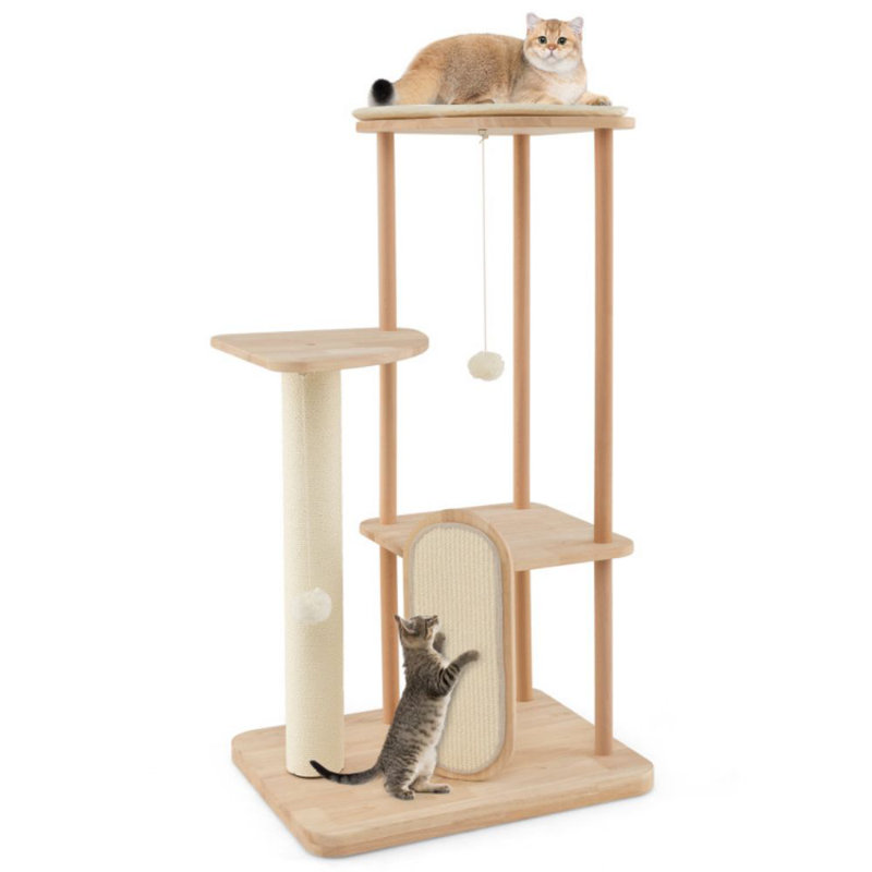 44-Inch Beige Wooden Multi-Level Cat Tower with Sisal Scratching Post