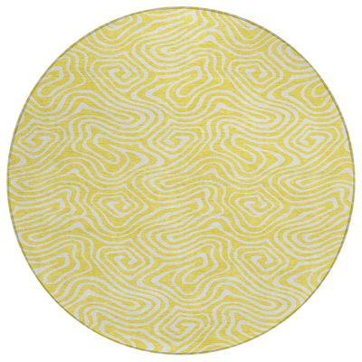 Tapis intérieur rond lavable abstrait 8 pi jaune et ivoire
