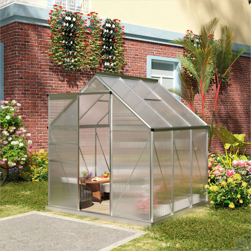 Serre de plain-pied avec cadre en aluminium argenté doux, panneaux en polycarbonate, l 6,2 pi x P 6,2 pi x H 6,6 pi