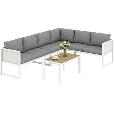 Outsunny 6 Seater Metal Garden Furniture Set Corner Garden Sofa White