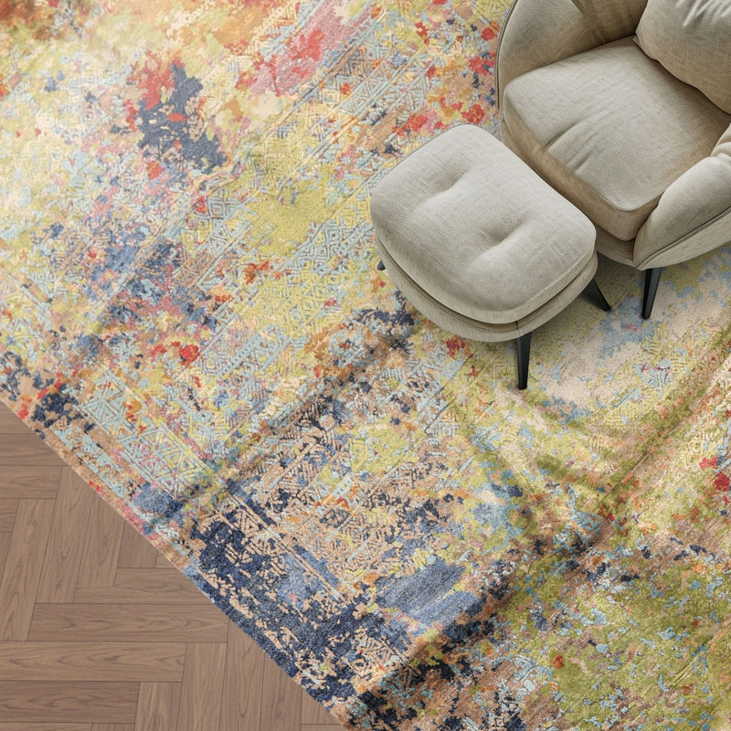 Tapis de transition en soie de bambou, 175 cm x 269 cm, vert lime et marine, noué à la main