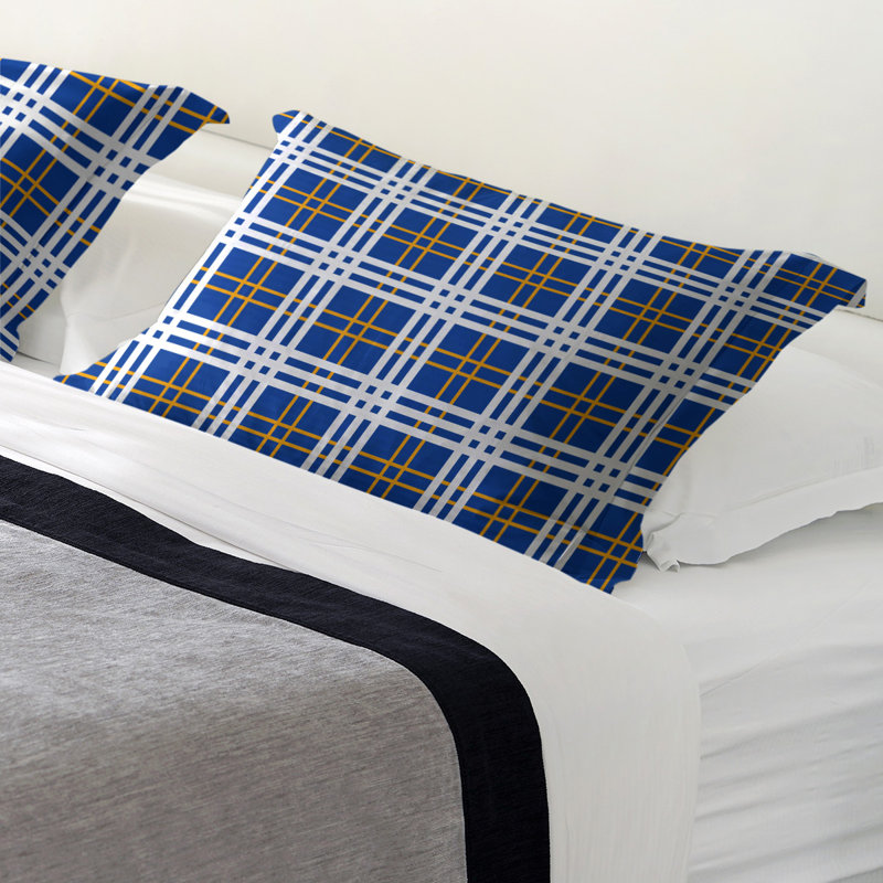 Polyester Plaid Sham Set, King, Blue/Gold/White