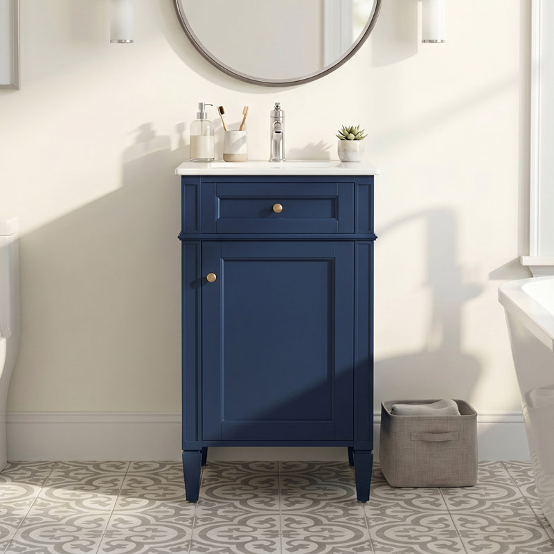 Meuble-lavabo autoportant de 18 po en MDF avec lavabo intégré en céramique, meuble-lavabo simple en bleu avec porte à fermeture douce, tablette réglable et pieds pleins