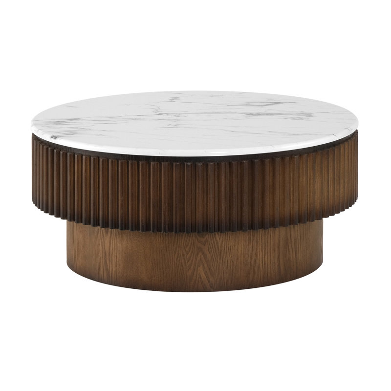 Table basse ronde de 31,49 po avec rangement, petite table basse moderne avec plateau à motif de marbre blanc et base cannelée en bois massif, table centrale pour salon, appartement, bureau