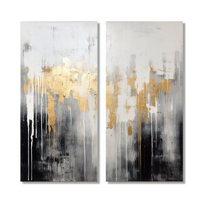 Dripping Gold White Gray Black Gold - Abstract , Gold Abstract Wall Art 2 Panel