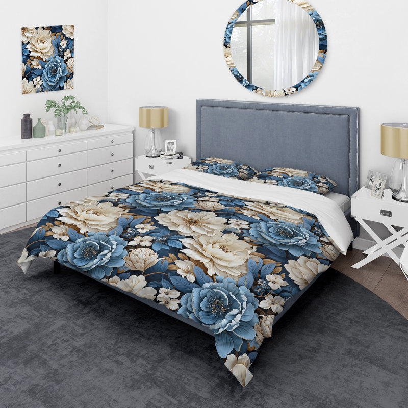 Ensemble de housse de couette floral bleu et blanc I, Housse de couette pour très grand lit et 2 très