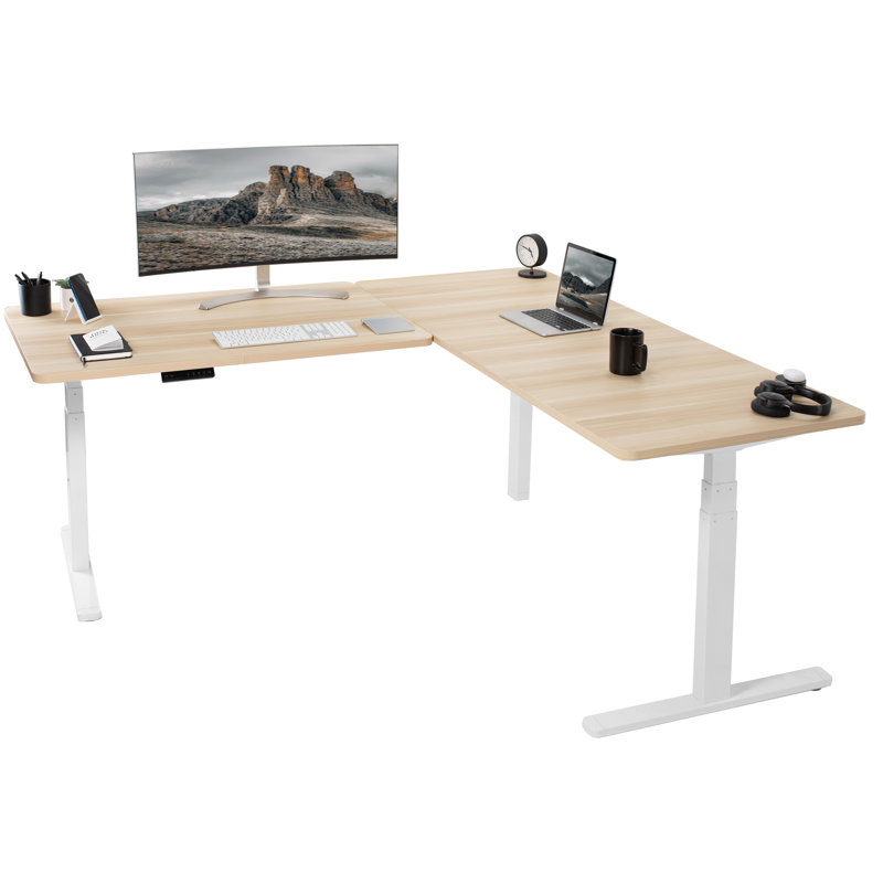Electric Adjustable Corner Desk in Light Wood & White, 77" x 71"