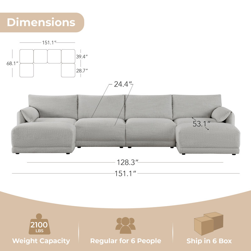Bodhild 151'' Boucle 6 - Piece Modular Sectional With Ottoman, Gray Polyester