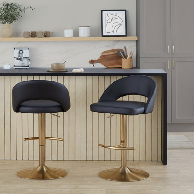 Adjustable Swivel Bar Stools Set of 2, Gold Metal Frame with Black Faux Leather and T-Footrest