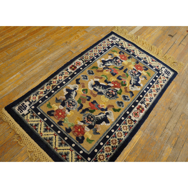 Antique Small Scatter Size Silk & Metallic Thread Chinese Foo Dog Design Rug