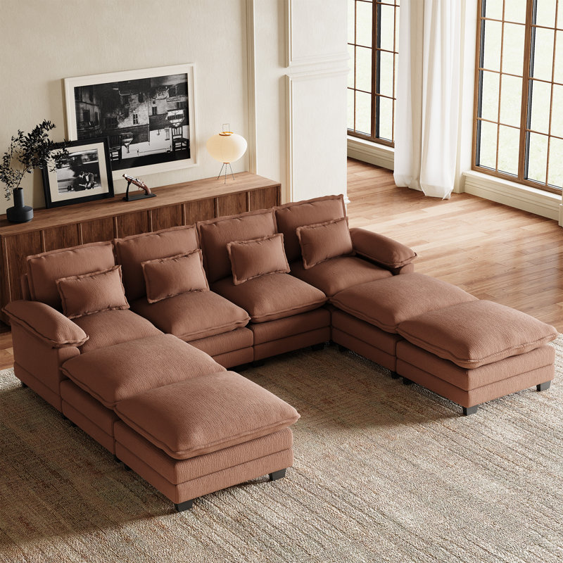 Canapé modulaire en chenille de 116 po en forme de U avec quatre repose-pieds, Brun