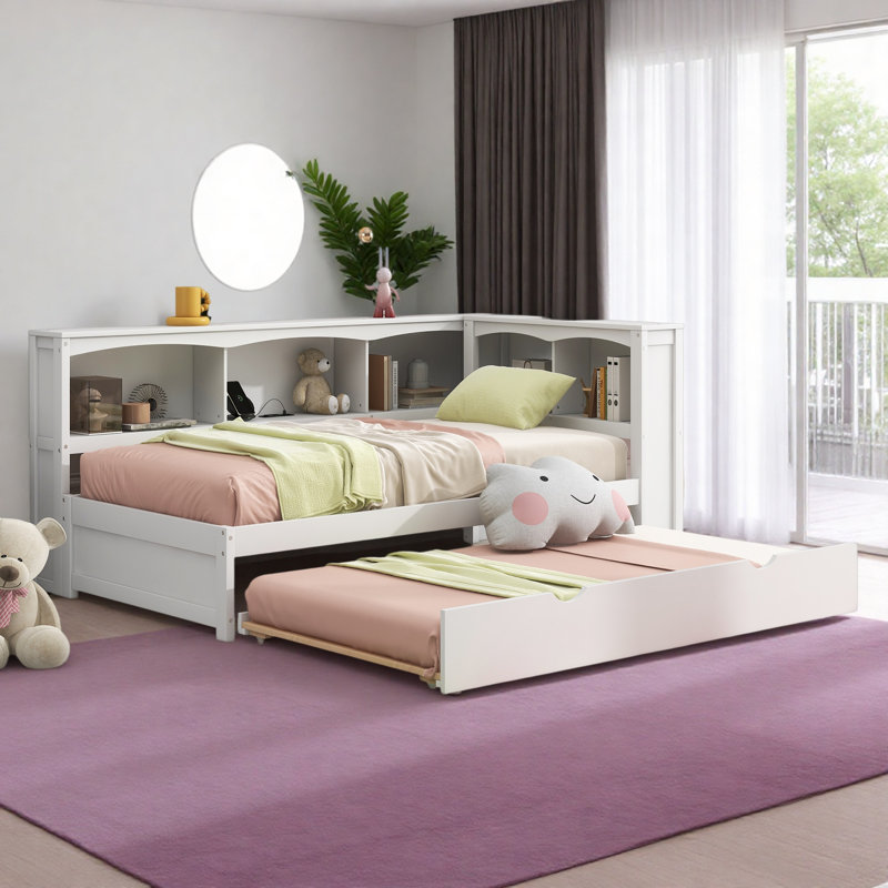 Lit de jour simple avec lit gigogne, armoires de rangement et ports USB, Blanc