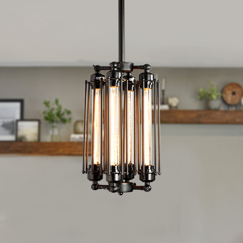 Luminaire suspendu rectangulaire unique à 4 lumières avec détails en fer forgé Chanan