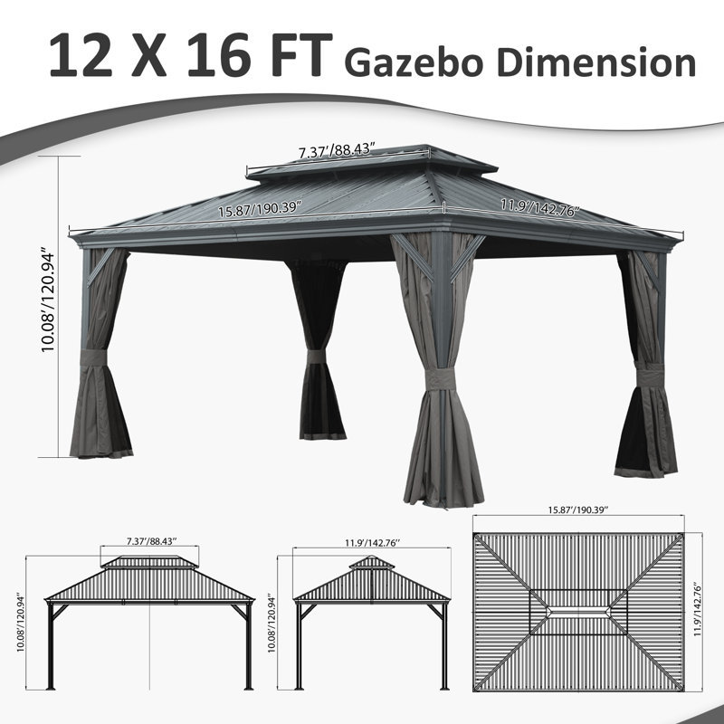 Outdoor Galvanized Steel Patio Gazebo with Double Roof, Gray, 120.94"H x 190.39"W x 142.76"D