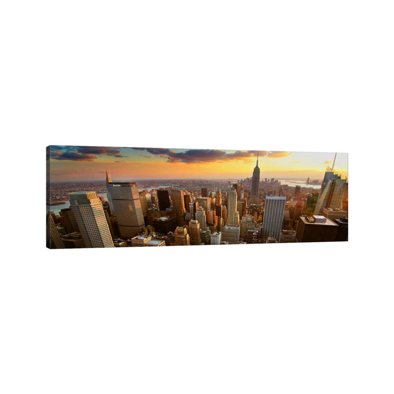 New York Panoramic Skyline Cityscape (Sunset) - Wrapped Canvas Panoramic Print