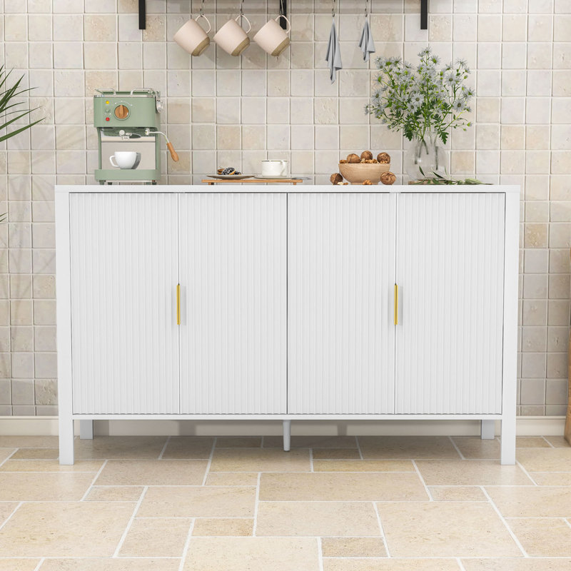 Buffet moderne à rayures avec crochets latéraux, tablettes réglables et supports cachés à l'arrière, Blanc