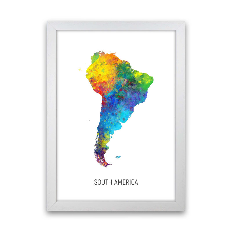 South America Watercolour Map by Michael Tompsett - Print, 46cm H x 34cm W x 3cm D, White Framed