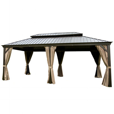 Extérieur avec double toit et rideaux en acier galvanisé - structure en aluminium de pavillon de jardin 12 pi x 20 pi x 20 pi. À rouille et décoloration, design pour une meilleure circulation de l'air, brun gazon